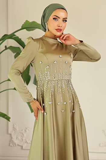 Olcay Flared Front Stone Patterned Satin Hijab Evening Dress Oil Green 1680