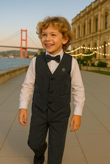 inowesta Men's Suit with Vest / Vest with Bow Tie / Shirt-Vest-Pants 3 Pcs Set
