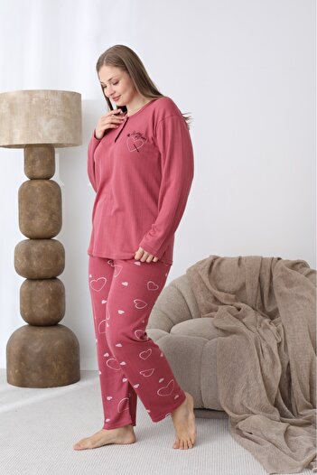 Temporium Women's Winter Plus Size Embroidered Patterned Collar Buttoned Long Sleeve Pajama Set
