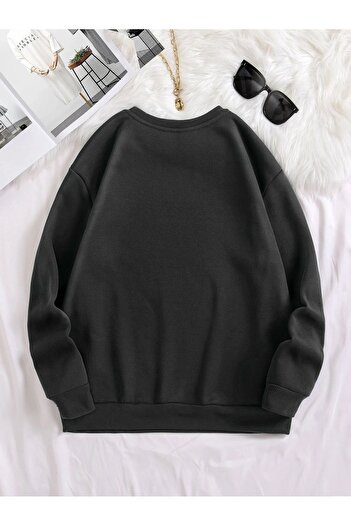CLAYES Kelebekli Kalp Desen Sweatshirt - Siyah Baskılı Oversize Kalın Kışlık Bisiklet Yaka