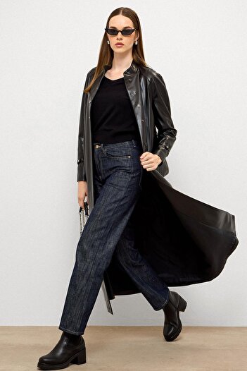 Olcay Judge Collar Belt Detailed Long Leather Trench Coat Black 6775