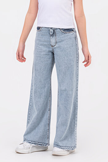 DMB BOYS & GIRLS Yüksek Bel Bol Paça Palazzo Kız Çocuk Kot Pantalon Ayarlanabilir Bel