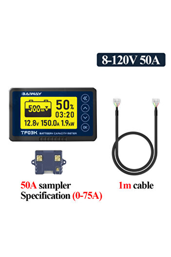 Choice1 50A(0-75A) DC8-120V Coulomb Counter Meter Battery Capacity Indicator Voltage Current 50A/100A/350A/5