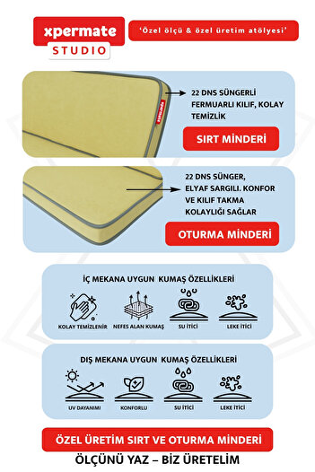 XPERMATE Özel Ölçü Palet Minderi Bahçe İç Ve Dış Mekan Minder Koltuk Minder 40x150 45x155 50x160