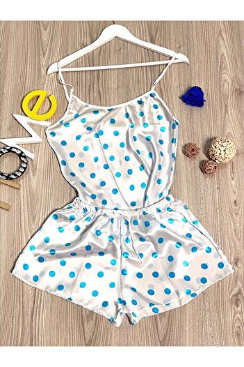 Intisimo Women's Satin Pajamas, 2 Pieces, Simple, Blue Polka Dots, White