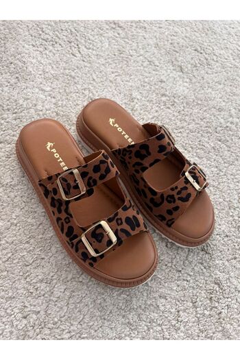 POTEEN Ptc Meloni Women's Genuine Leather Lightweight Anatomical Buckle Detailed Slippers - Leopard