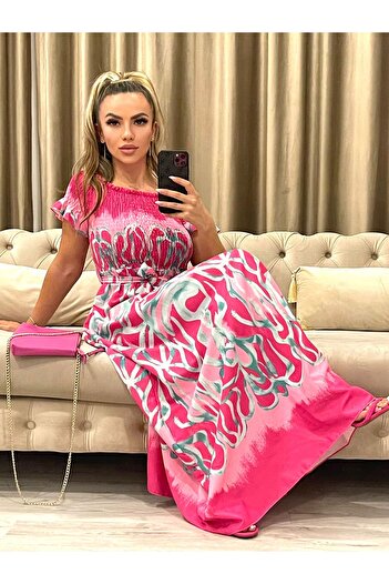 Intisimo Women's Dress, Long, Drawstring Waist, Fuchsia Pink/Blue