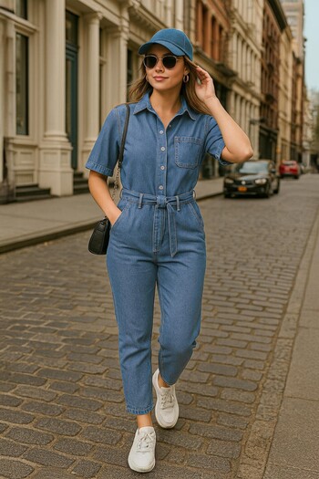 BANNY JEANS Salopetă de damă cu mânecă liliac, albastră