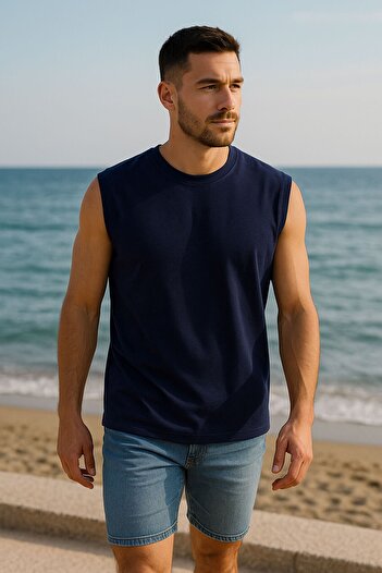 MARKAPIA Men's Crew Neck Zero Sleeve 100% Cotton T-Shirt