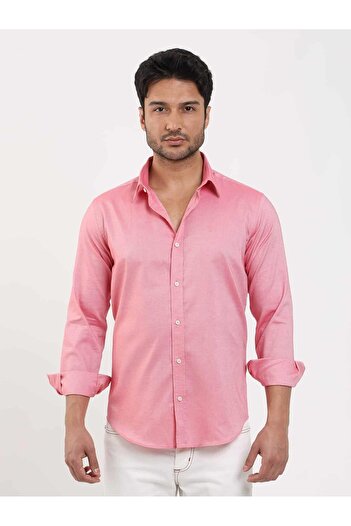 Dufy Light Red Men's Slim Fit Straight Brent Buttoned Collar Long Sleeve Shirt