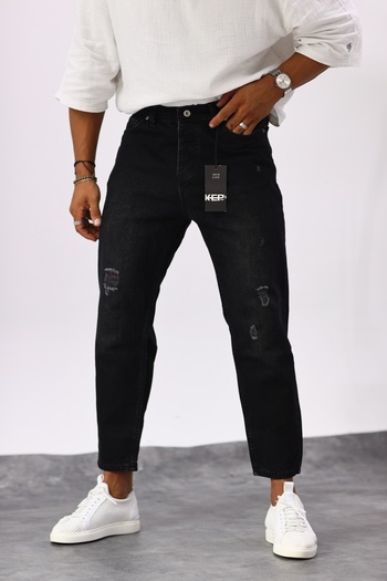 MADZEYMODA Ανδρικό μαύρο τζιν Boyfriend με σκισμένη λεπτομέρεια