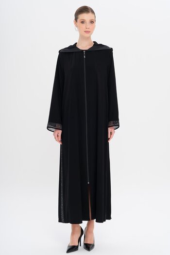 Olcay Hooded Stoned Tulle Detailed Ferace Black 6738