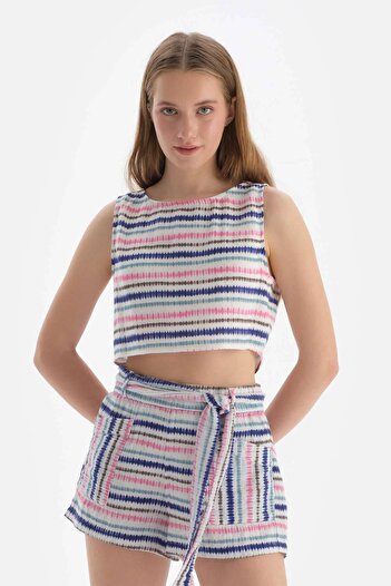 Dagi Pink-Blue Muslin Short Top