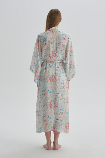 Dagi Ecru Patterned Patterned Three-Quarter Sleeve Woven Dressing Gown