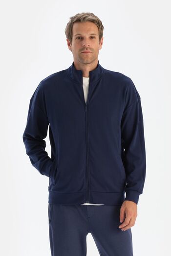 Dagi Navy Blue Men's Stand Collar Zippered Sweatshirt