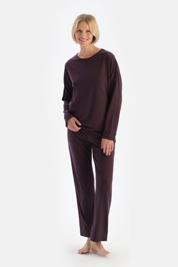 Dagi Plum Lace Detailed Boat Neck Combed Cotton Modal Pajama Set