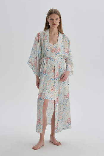 Dagi Ecru Patterned Patterned Three-Quarter Sleeve Woven Dressing Gown