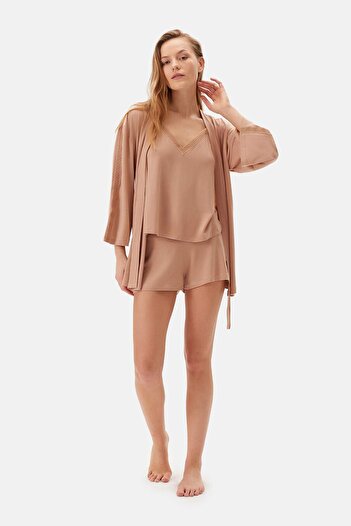 Dagi Basic Morning Gown - Light Brown with Tie Detail