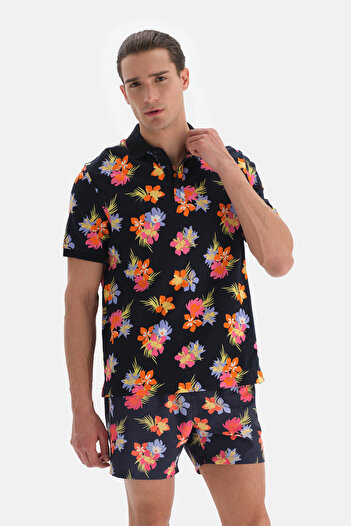 Dagi Navy Blue - Pink Floral Patterned Pique Polo Neck Tshirt
