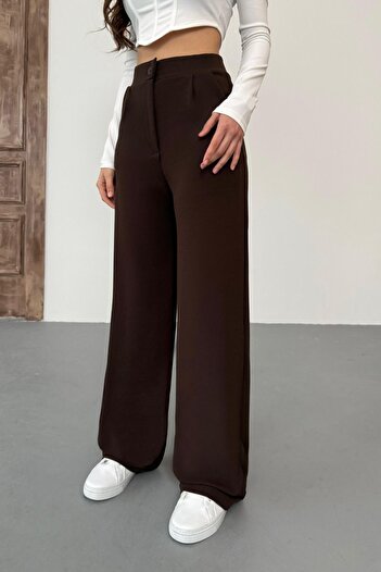 BİKELİFE Women's Brown Lycra Palazzo Loose Wide Leg Trousers