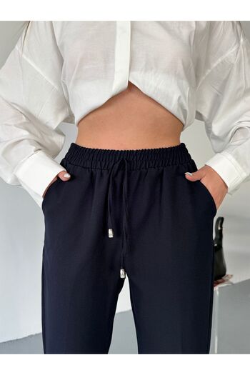 COMBİNE MİCHAİL Women's Lycra Drawstring Elastic Waist Navy Blue Palazzo Trousers