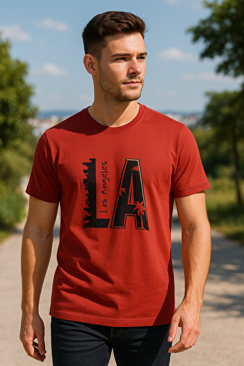 Maccali Men's Crew Neck Cotton Text Print Red T-Shirt