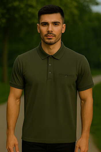 Maccali Men's Basic Long Plain Khaki Polo Neck T-Shirt with Pockets