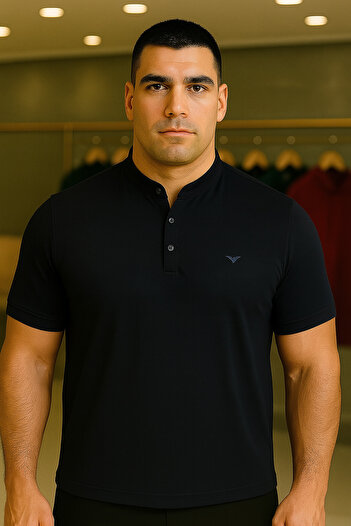Maccali Men's Plus Size Basic Polo Neck Black T-Shirt