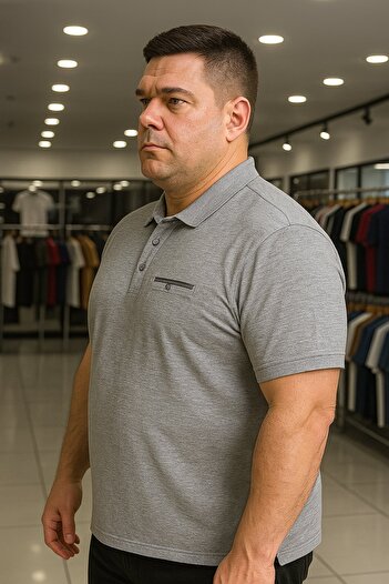 Maccali Men's Plus Size Basic Gray Polo Neck T-Shirt with Pockets