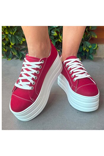 Stilo Kırmızı Keten 7cm Dolgu topuk Düz Platform Kadın Spor Ayakkabı