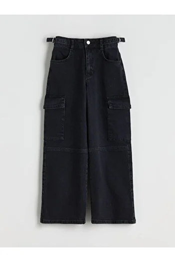 LC Waikiki Girl's Cargo Jean Trousers with Adjustable Elastic Waist