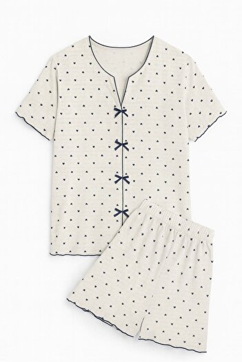 RUKOD Women's Dark Navy Blue Heart Bow Cotton Wrap Lycra Knitted Short Sleeve Shorts Pajama Set