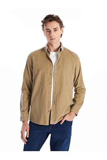 LC Waikiki Бежева сорочка з довгими рукавами Regular Fit з оксамиту для чоловіків