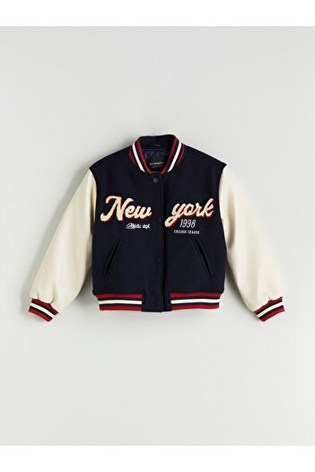 LC Waikiki Navy Blue New York Embroidered Girls' College Coat