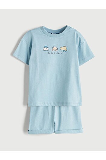 LC Waikiki Blue Crew Neck Printed Baby Boy Shorts Set