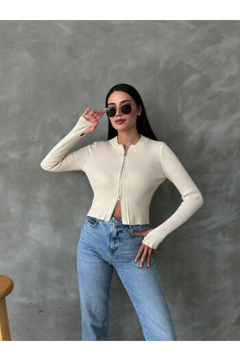 Lusin Women's Ecru Two-Way Zippered Knitwear Cardigan