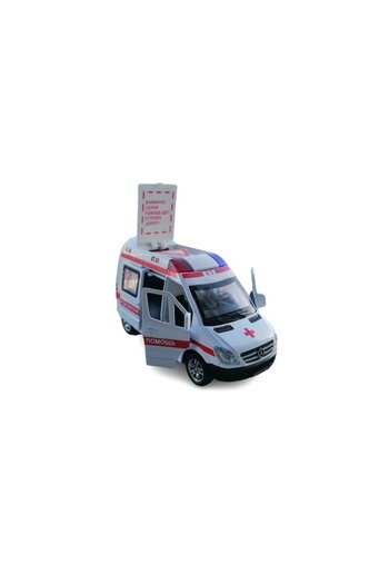 OEM Model ambulanță metalic cu targă, tip rusesc, uși mobile, sunete și lumini, alb, 14 cm