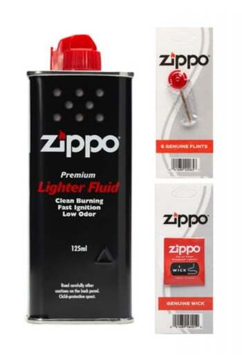 Zippo Premium Lighter Refill Pack - 125ml Fluid Bottle + Flint Card + Wick Card