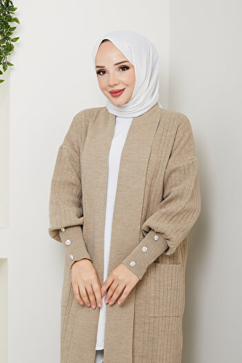 Pamuk Butik Women's Sleeve Buttoned Shawl Collar Steel Knitted Sweater Cardigan