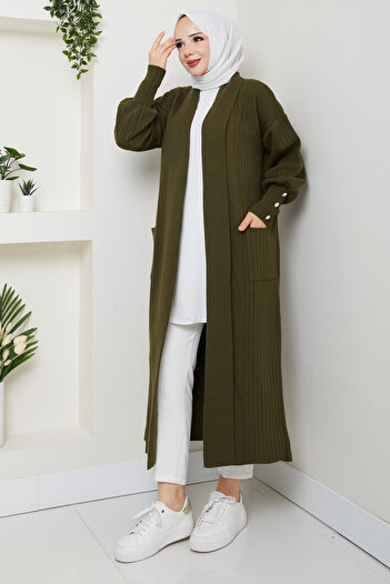 Pamuk Butik Women's Sleeve Buttoned Shawl Collar Steel Knitted Sweater Cardigan