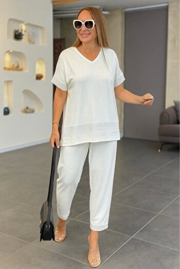 MetuCA White Women's Short Sleeve V-Neck Sequin Viscose Two Thread Blouse and Pants Two-Piece Set