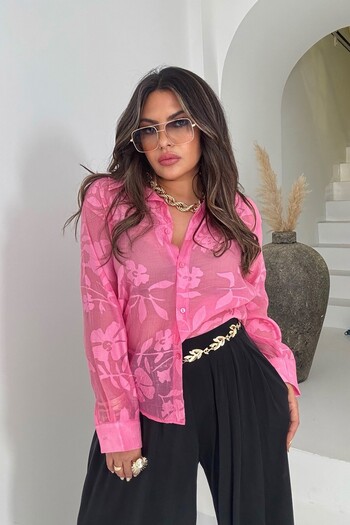 Sohotique By P Organza Effect Semi-Transparent Leaf Shirt Fuchsia