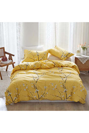 OEM 3-piece yellow bedding set with black twigs - 1 duvet cover 240x220cm + 2 pillowcases 80x80 cm