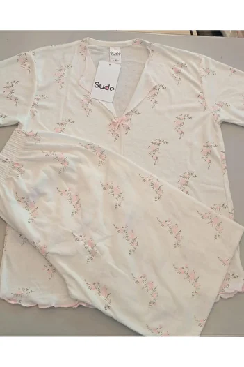 RUKOD Set de pijamale cu fund lung Pinterest pentru femei, cu flori roz, din Lycra, cu guler, fundă