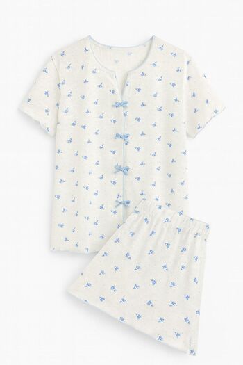 RUKOD Set de pijamale cu fund lung Pinterest pentru femei, cu flori albastre, din Lycra, cu guler, fundă