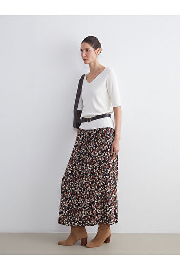 LC Waikiki Lcw Grace Brown Elastic Waist Patterned A-Line Skirt W5Fl88Z8