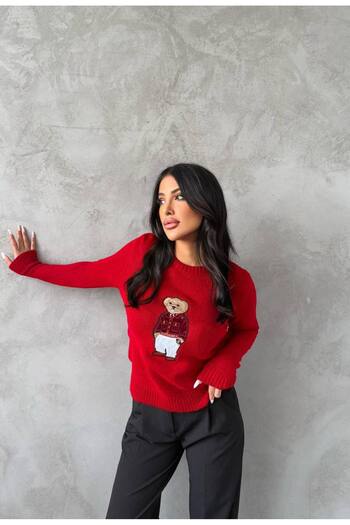 Lusin Women's Red Teddy Bear Crew Neck Knitwear Sweater