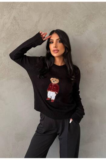 Lusin Women's Black Teddy Bear Crew Neck Sweater