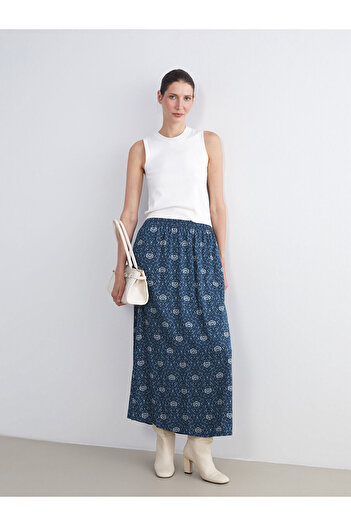 LC Waikiki Lcw Grace Navy Blue Elastic Waist Patterned A-Line Skirt W5Fl88Z8