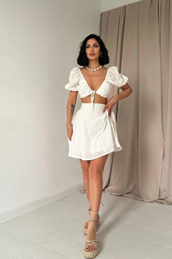 EYCAWEAR Ecru Brode Crop and Mini Skirt Set